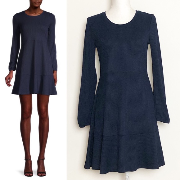 Lea & Viola Dresses & Skirts - ANTHROPOLOGIE LEA & VIOLA Navy Tiered Long Sleeve Rib-Knit Dress Size Large